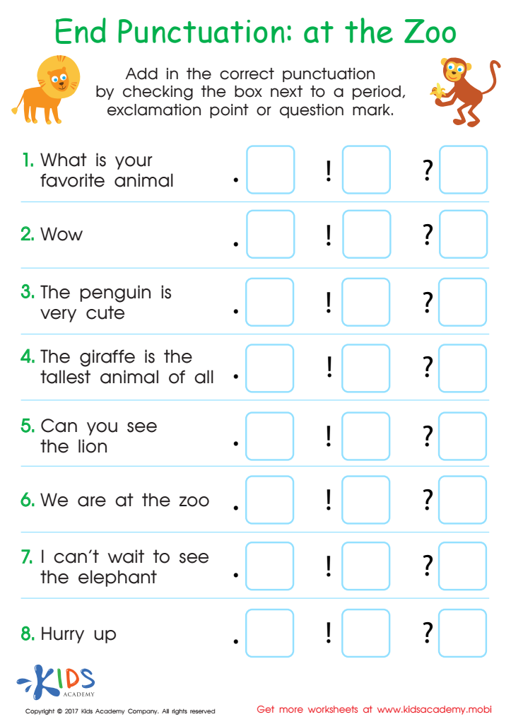 End Punctuation: At the Zoo Worksheet, Free Printable for Kids