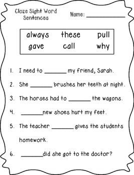 Cloze Sight Word Sentences (2nd Grade) | Sight word worksheets ...