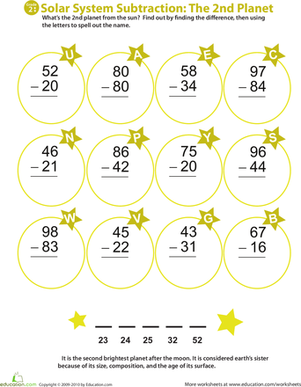 Solar System Subtraction: 2nd Planet | Worksheet 
