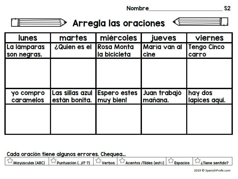Spanish Weekly Grammar Practice (Correct Sentences Errors in Spanish)