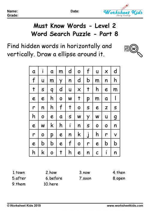 Word search puzzle: 100 Must know words for 2nd grade - Free printable