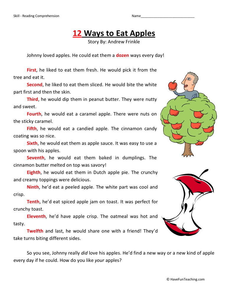Reading Comprehension Worksheet - 12 Ways To Eat Apples