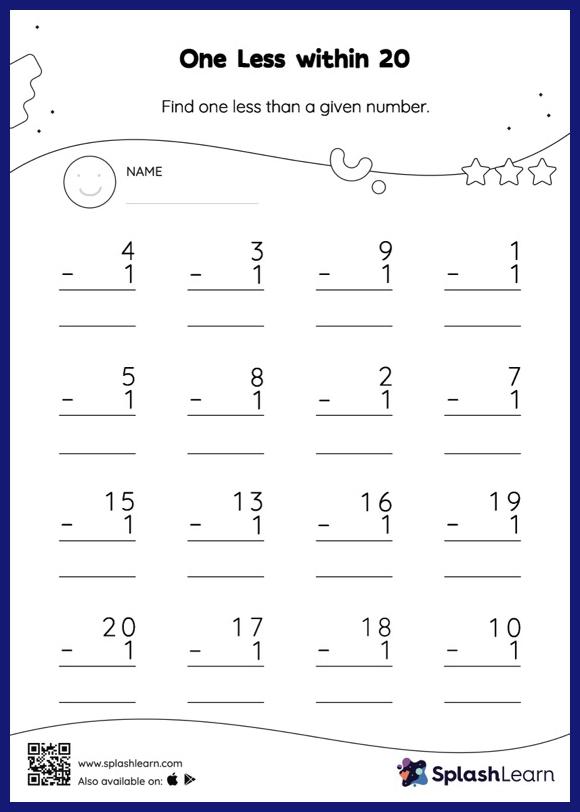 One Less within 20: Vertical Subtraction - Math Worksheets ...