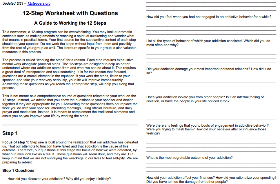 12 Step Worksheet Questions [Free Download &  Print] - 12 Steppers