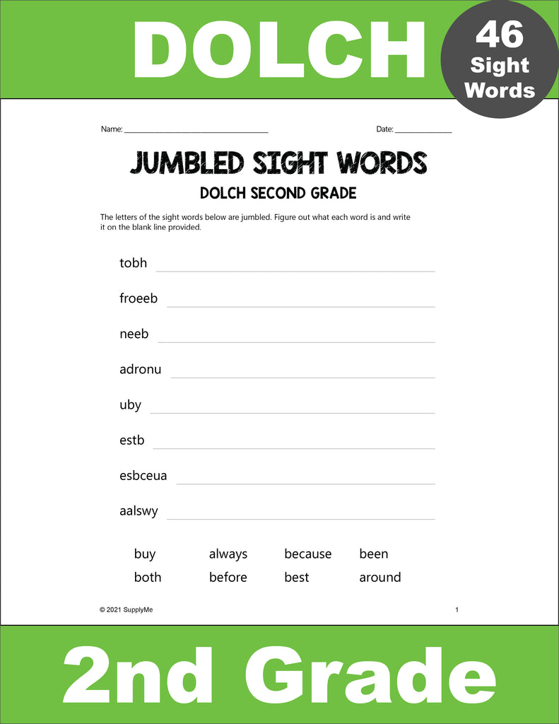 Second Grade Sight Words Worksheets - Word Jumbles, All 46 Dolch ...