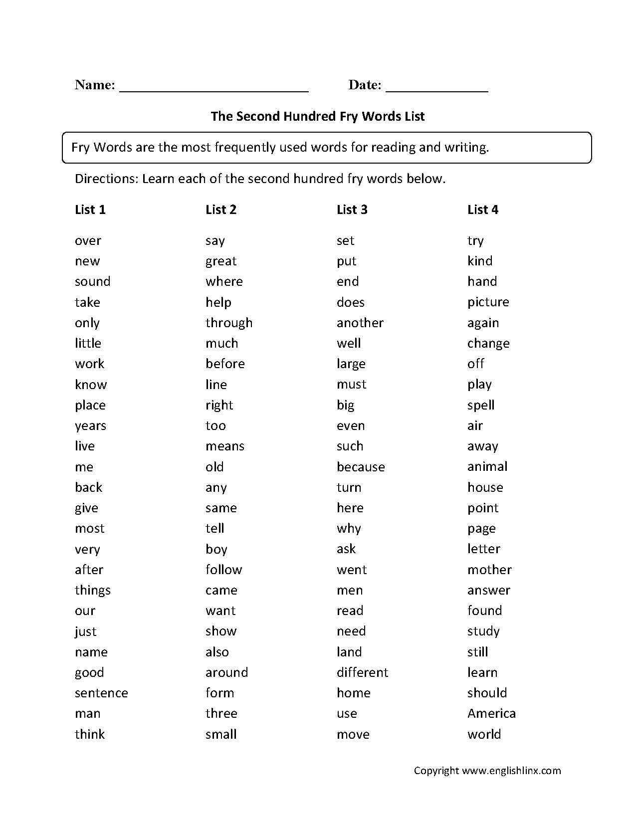 Fry Words Worksheets | Second Hundred Fry Words List Worksheets