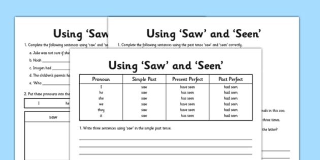 seen saw and verbs worksheet