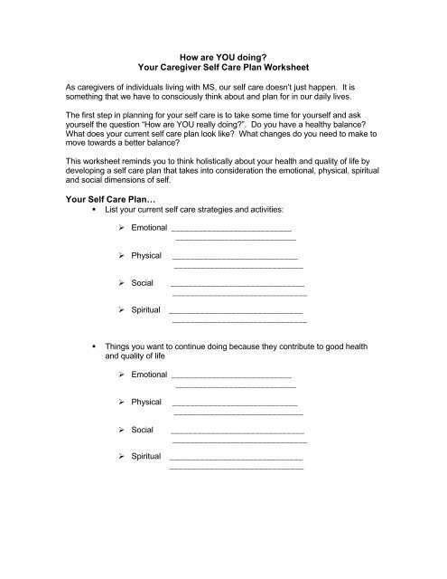 self care plan worksheet