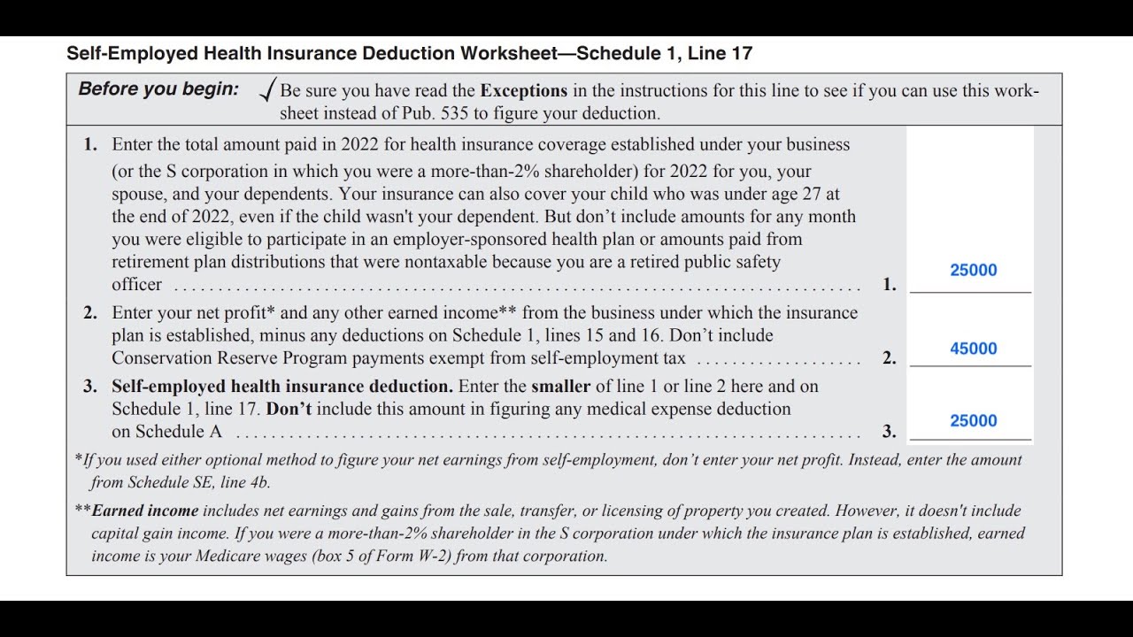 self employed health insurance deduction worksheet