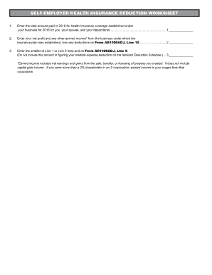 Fillable Online SELF-EMPLOYED HEALTH INSURANCE DEDUCTION WORKSHEET ...