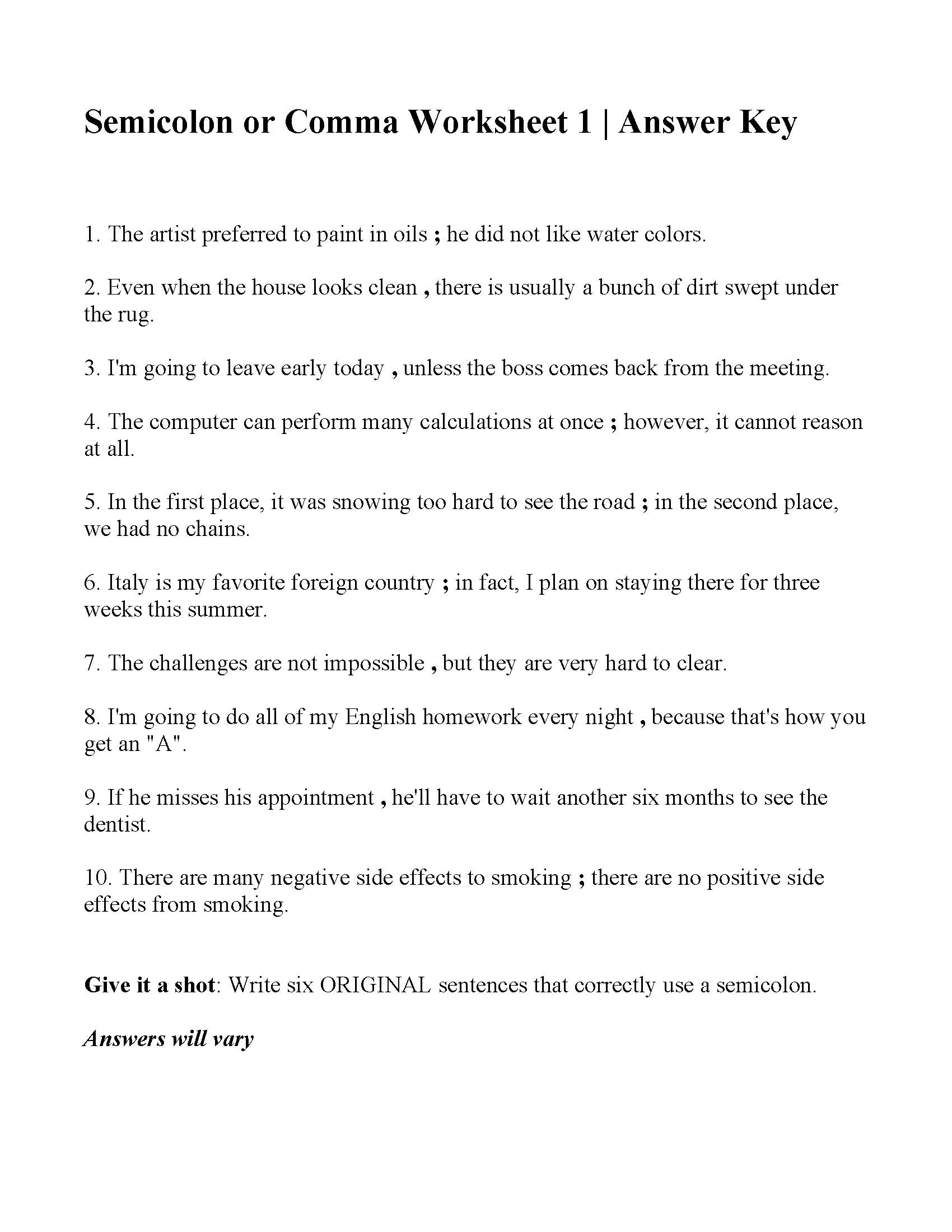 semi colon practice worksheet