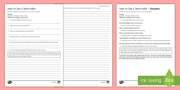 Semi Colons Worksheet / Worksheet (teacher made) - Twinkl
