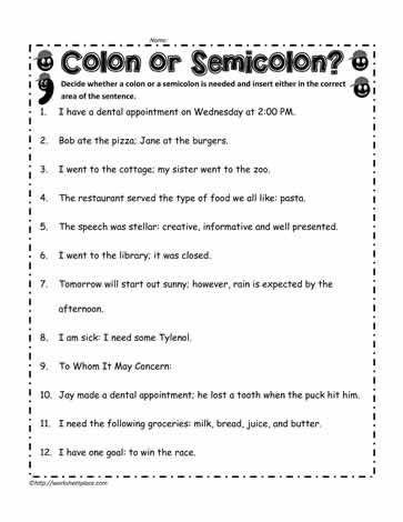 semicolon and colon worksheet
