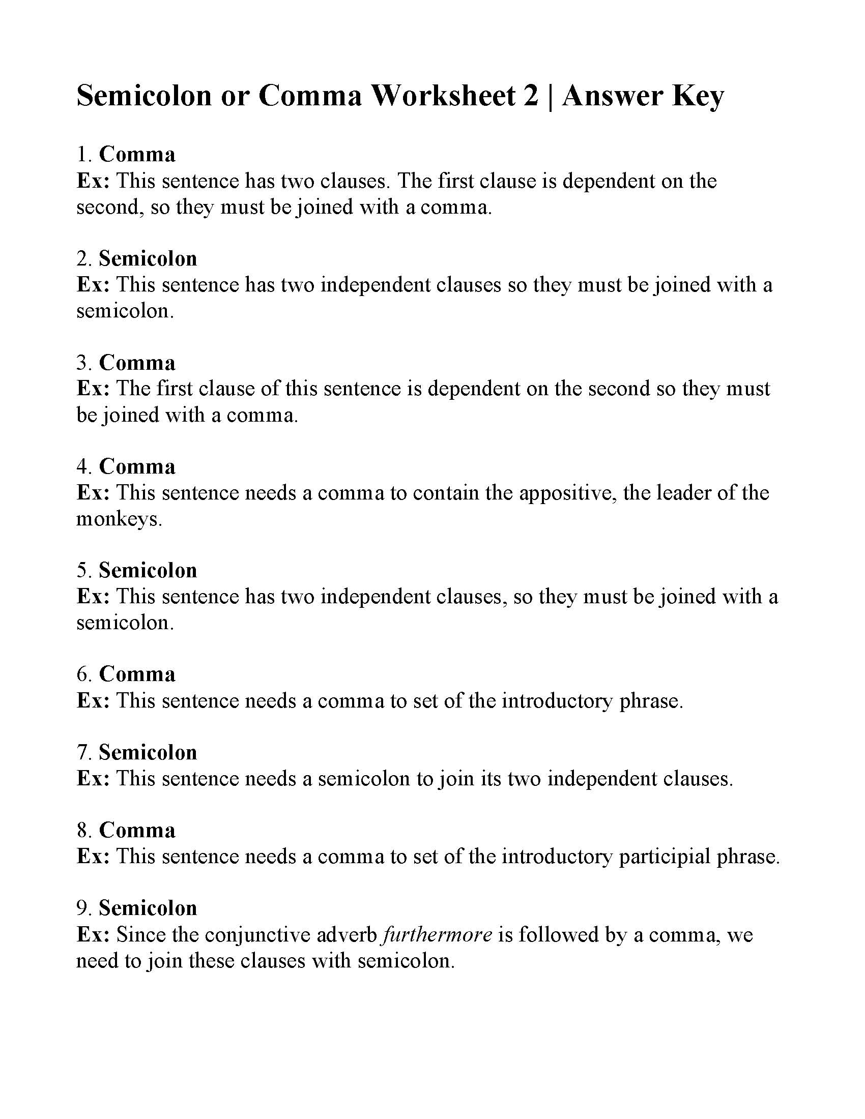 Commas or Semicolons Worksheet 2 | Answers