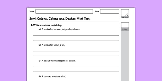Semi-Colons, Colons and Dashes Mini Test Worksheet / Worksheet