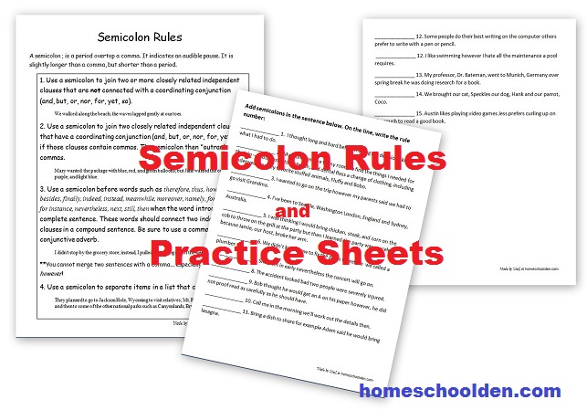 Semicolon Rules and Practice Sheets (free) - Homeschool Den