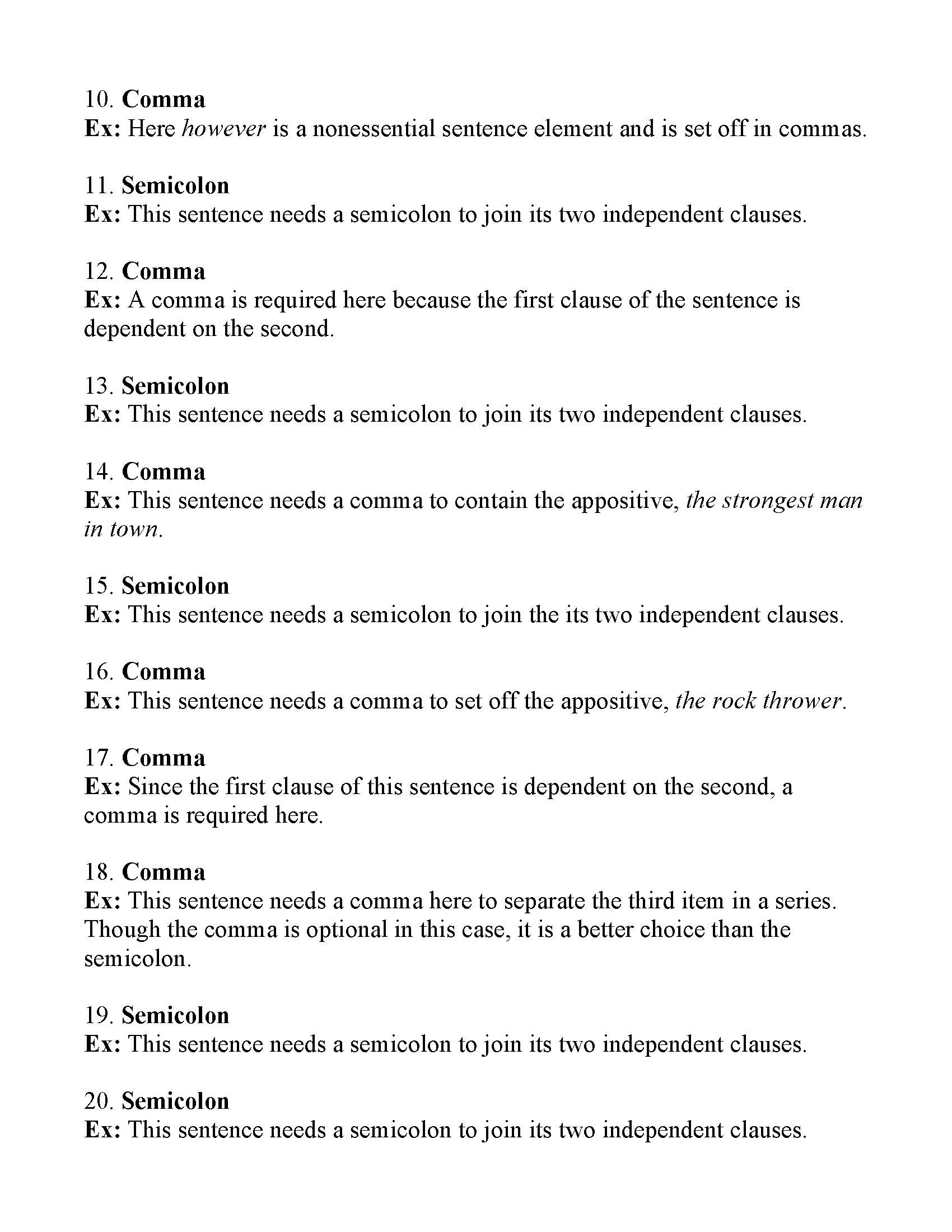 Commas or Semicolons Worksheet 2 | Answers