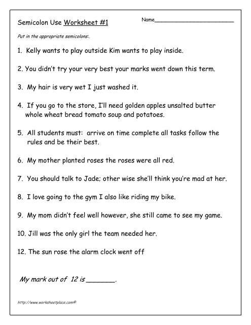 semicolon worksheet with answers