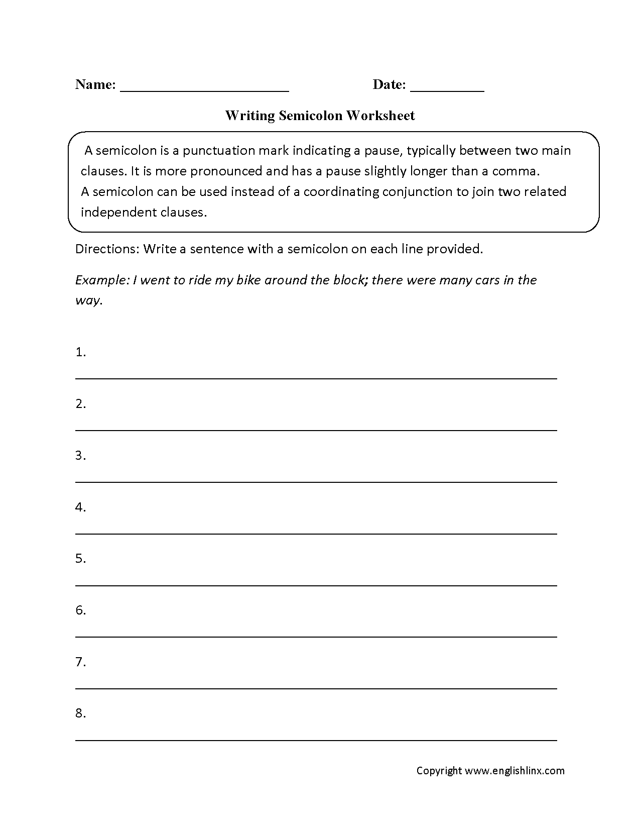 semicolon worksheet with answers