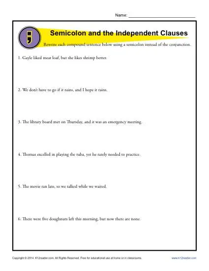 semicolons and com mas to separate worksheet answers