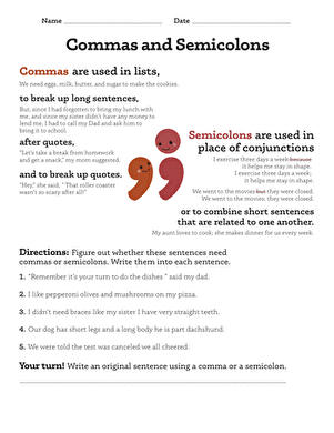 semicolons and com mas to separate worksheet answers
