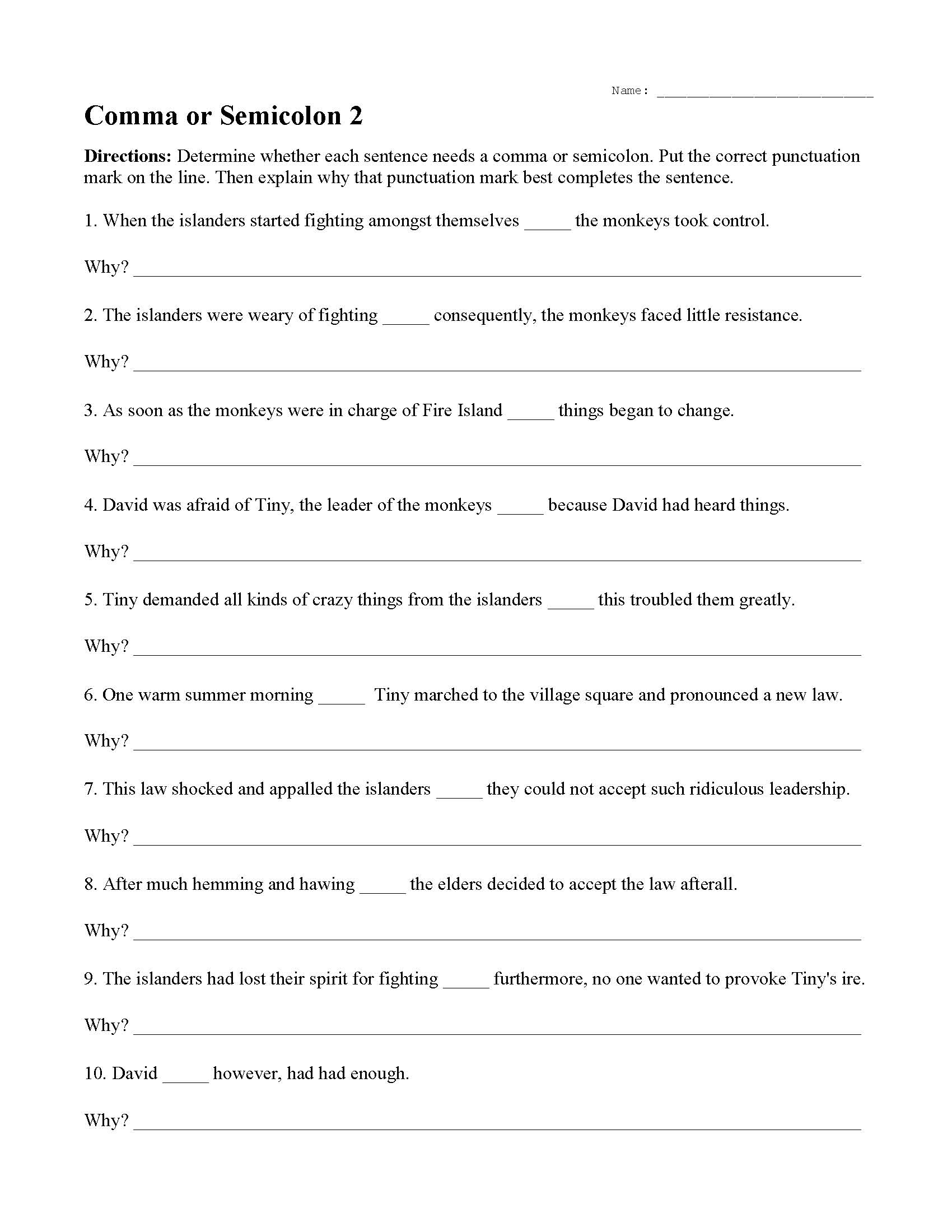 semicolons and com mas to separate worksheet answers