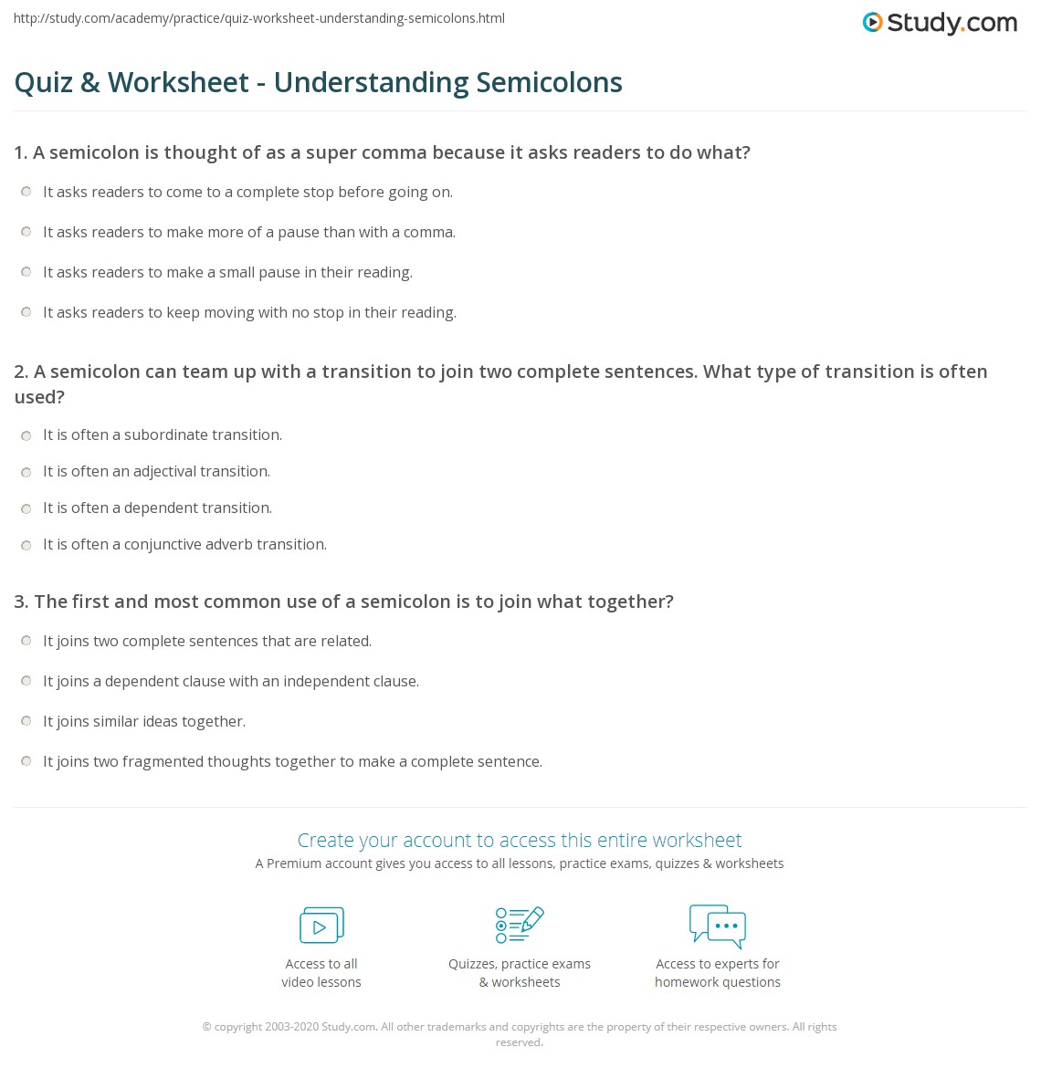 Quiz &  Worksheet - Understanding Semicolons | Study.com