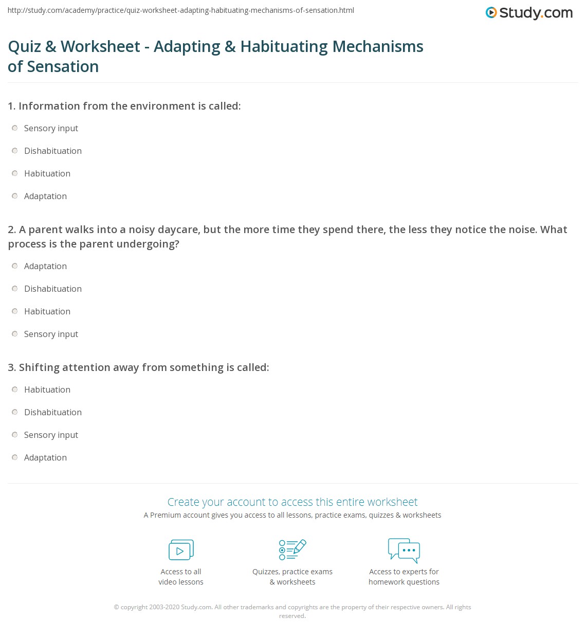 Quiz &  Worksheet - Adapting &  Habituating Mechanisms of Sensation ...