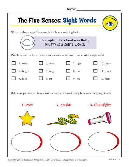 sense of sight worksheet for kindergarten