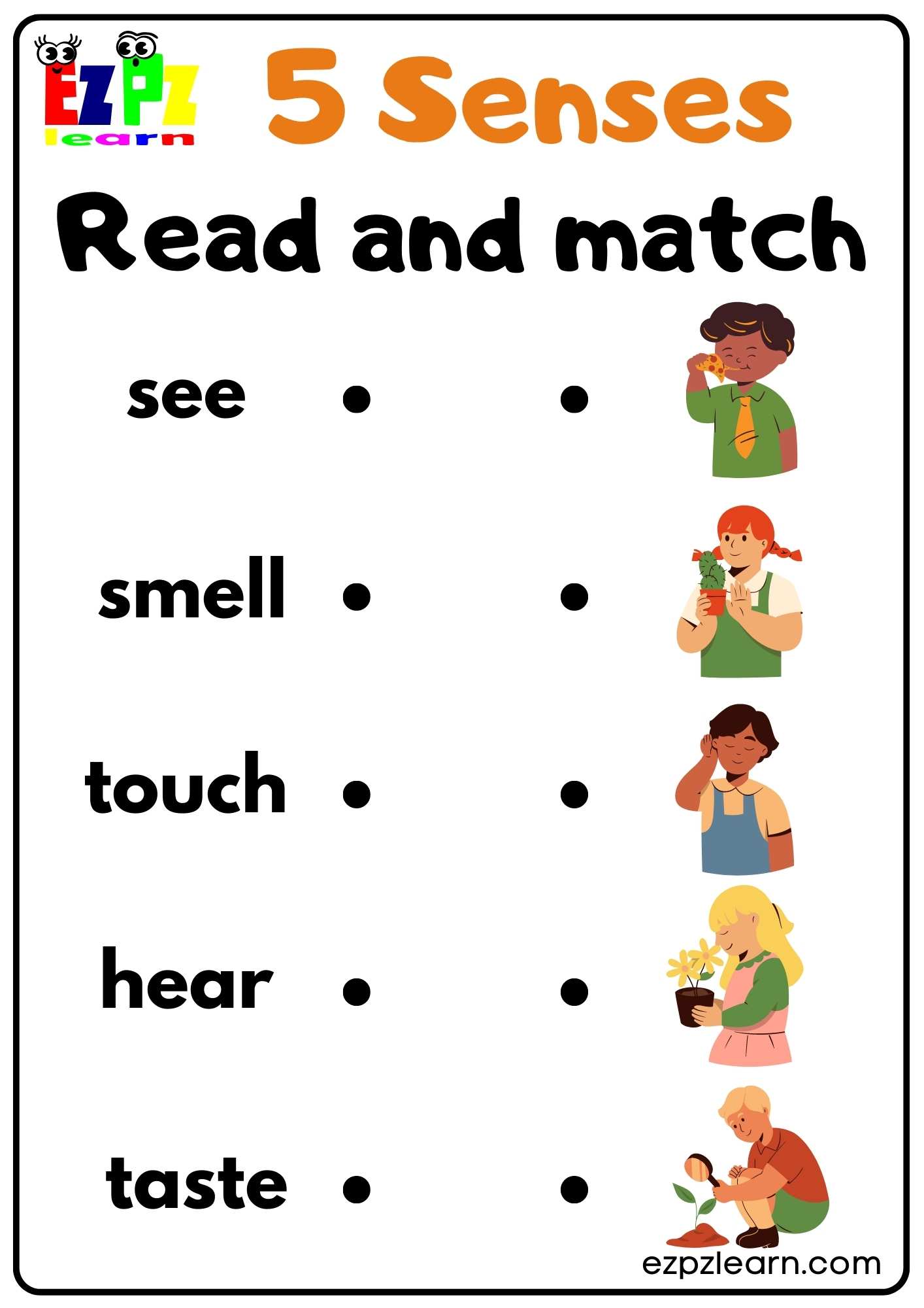 Five Senses Read and Match Worksheet for Kindergarten and ESL ...