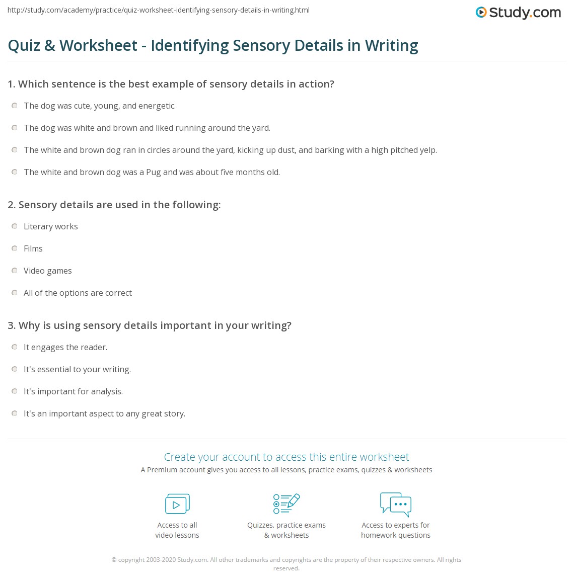 Quiz &  Worksheet - Identifying Sensory Details in Writing | Study.com