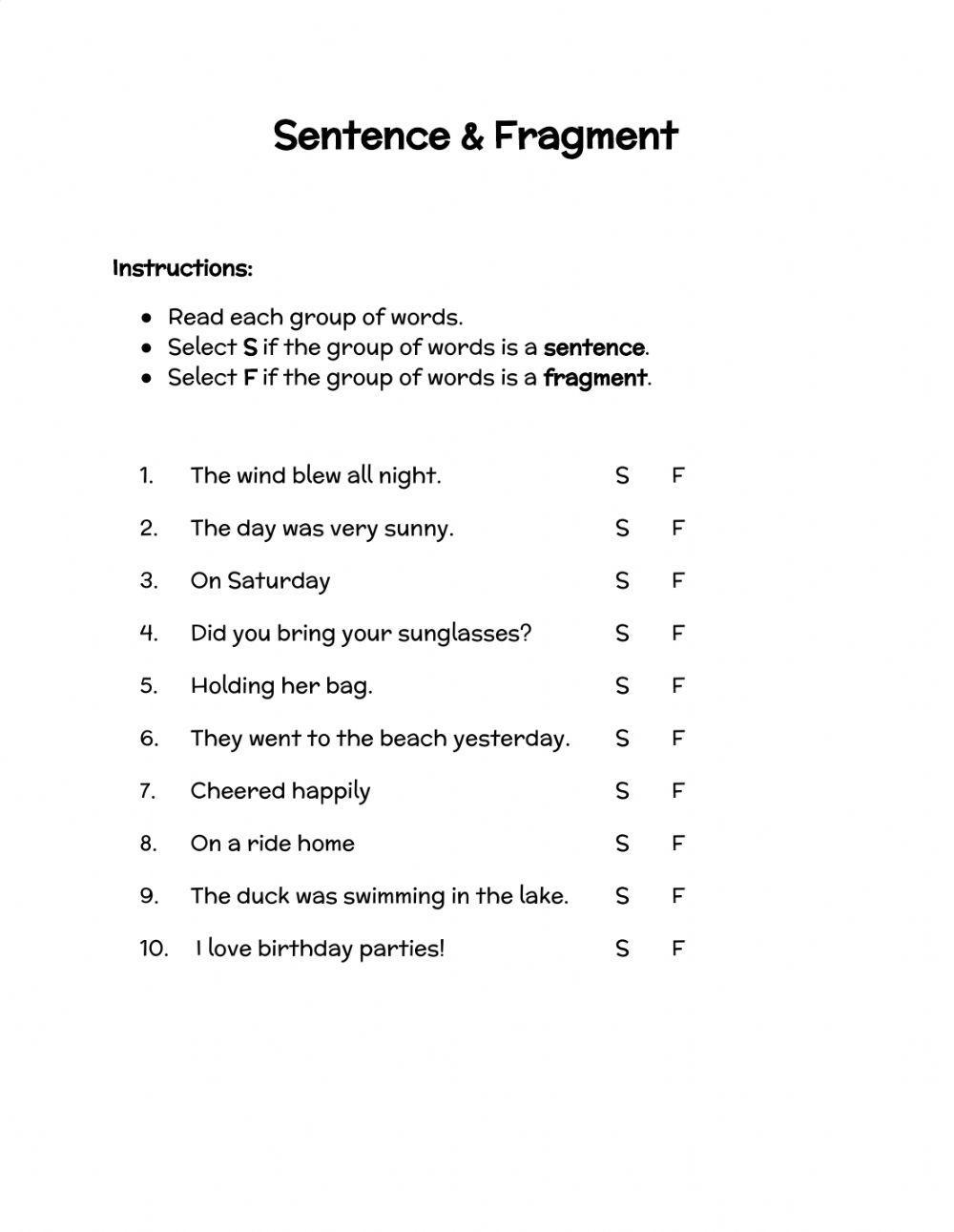 sentence and fragment worksheet
