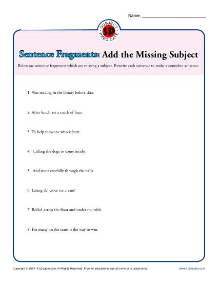 Sentence Fragments: Add the Missing Subject | Printable Worksheet