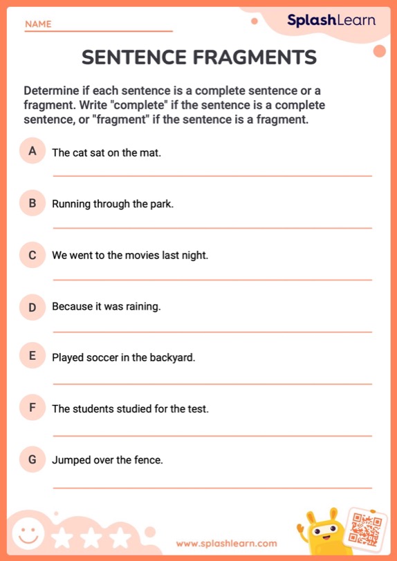 sentence and sentence fragments worksheet