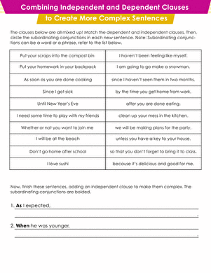 Combining Independent and Dependent Clauses to Create More Complex ...