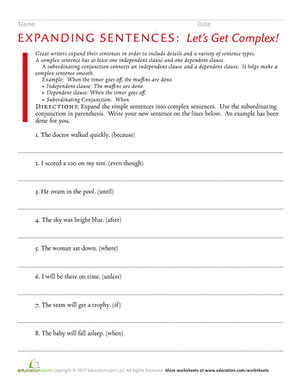 Expanding Sentences: Lets Get Complex! | Worksheet 