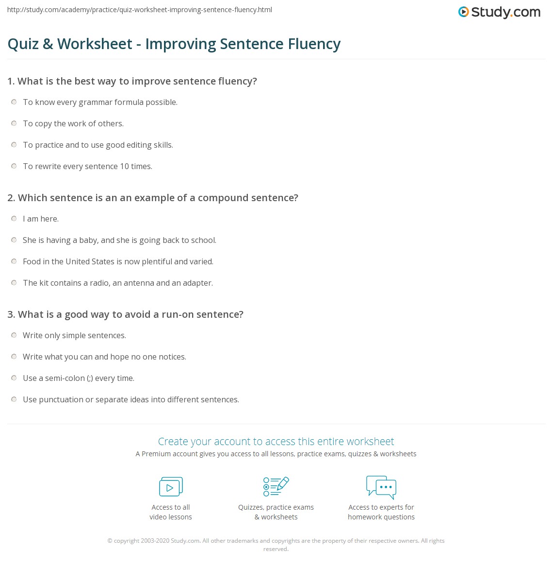 Quiz &  Worksheet - Improving Sentence Fluency | Study.com