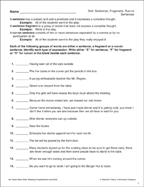Identifying Fragments &  Run-On Sentences | Printable Skills Sheets