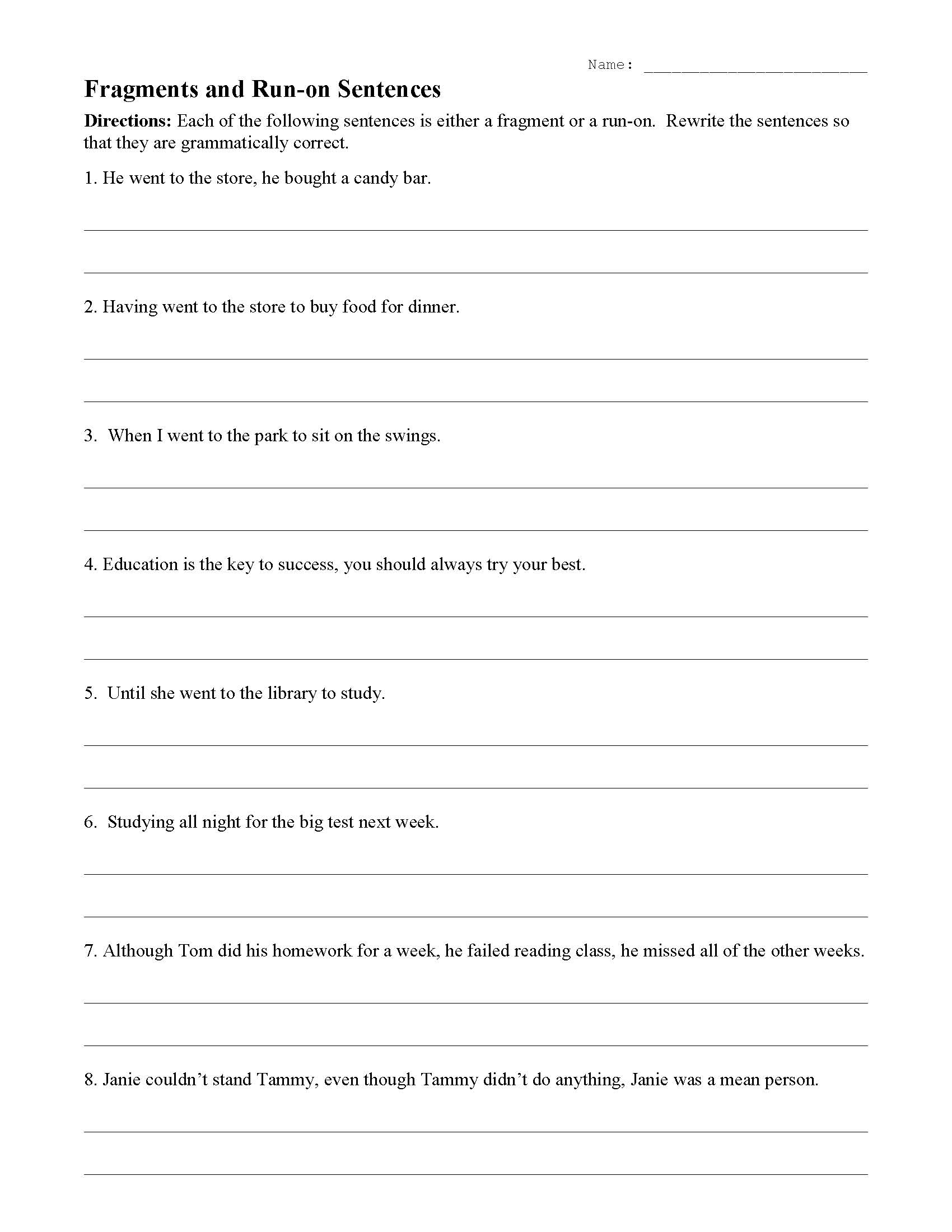 Free sentence fragment worksheet, Download Free sentence fragment