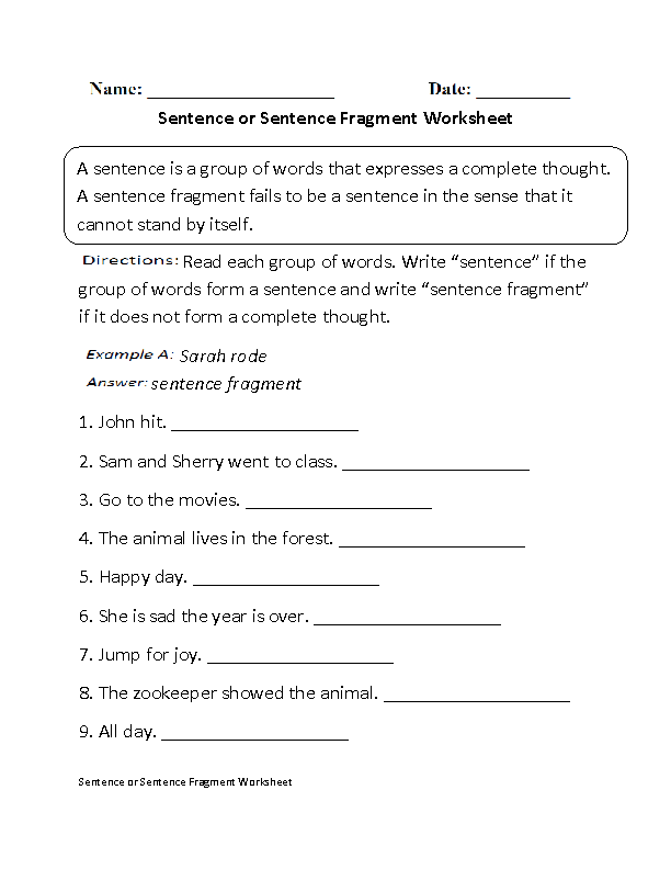 sentence or fragment worksheet