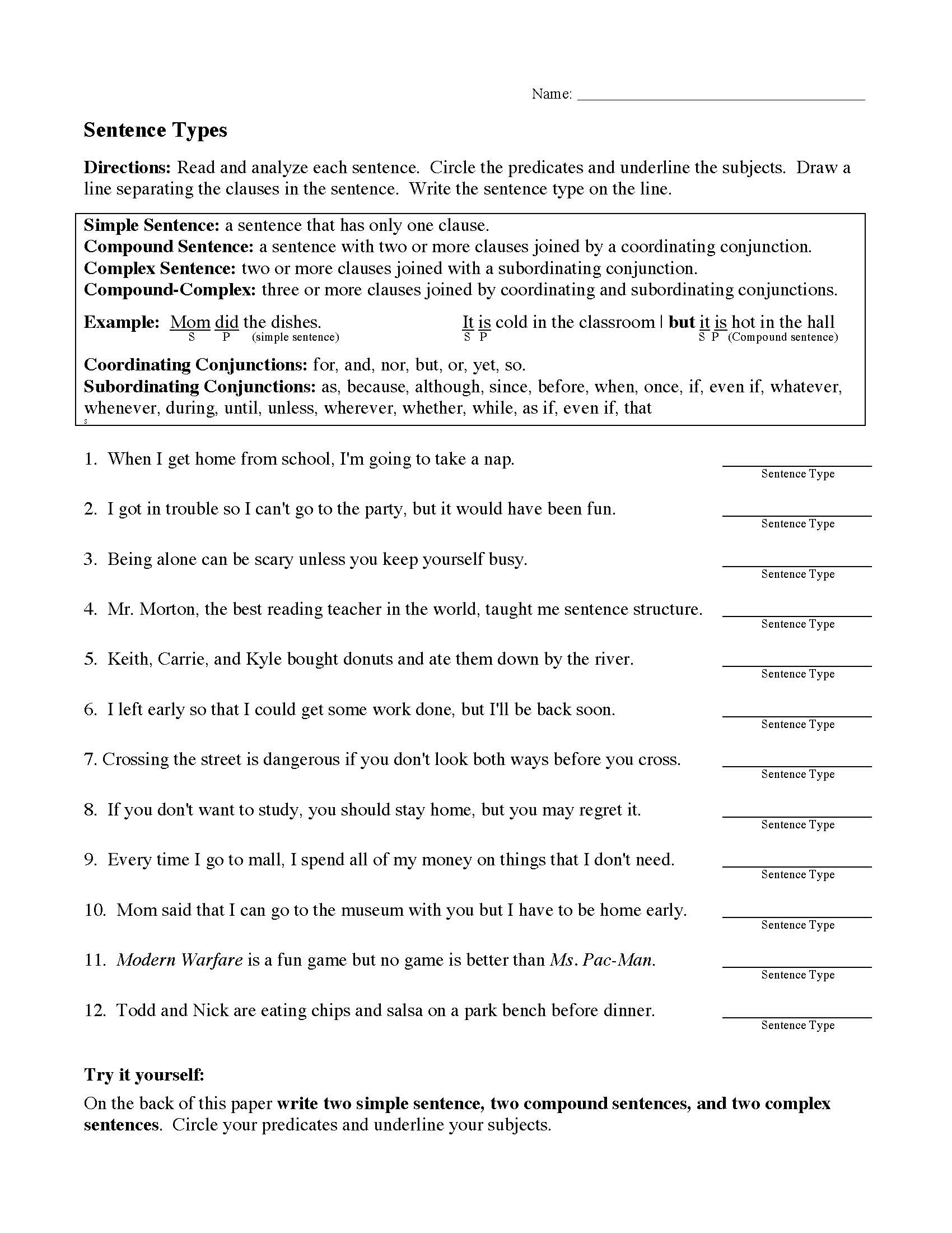 sentence parts worksheet