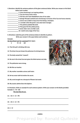 sentence patterns worksheet with answer
