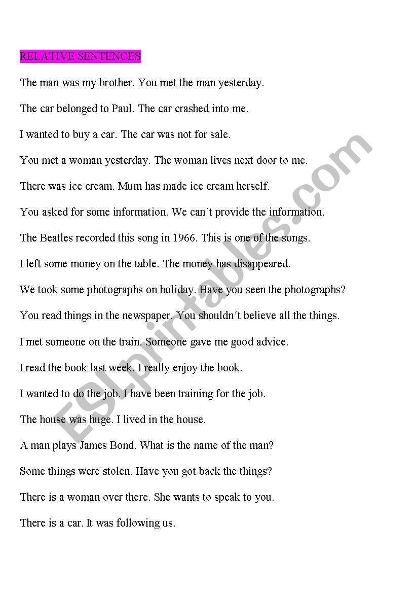 RELATIVE SENTENCE PRACTICE - ESL worksheet by montseteacher