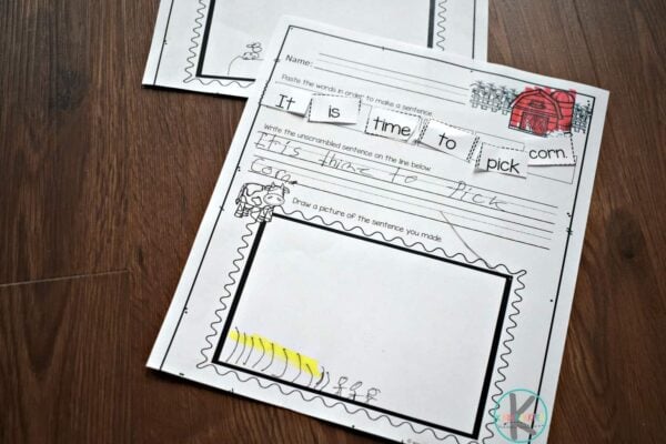 ? Farm Cut-and-Paste Simple Sentences for Kindergarten Worksheet