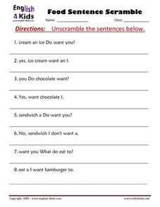 Scrambled Food Sentences Worksheet for 2nd Grade | Lesson Planet