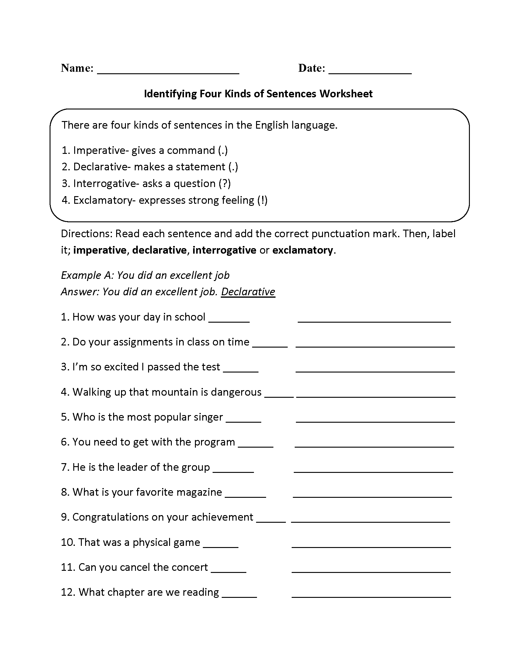 Kinds of Sentences Worksheets | Practicing Four Kinds of Sentences ...