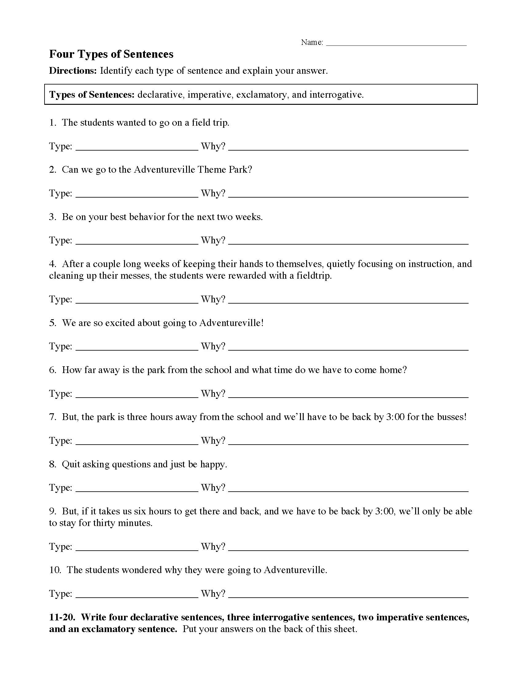 Four Types of Sentences Worksheet | Sentence Structure Activity