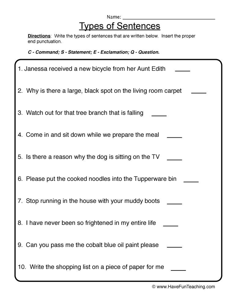 Types of Sentences Worksheet  