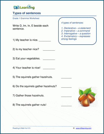 Types of Sentences Worksheets for Grade 1 | Worsheets library