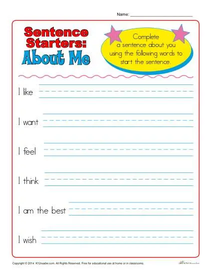 Sentence Starters for Kindergarten and 1st Grade | About Me
